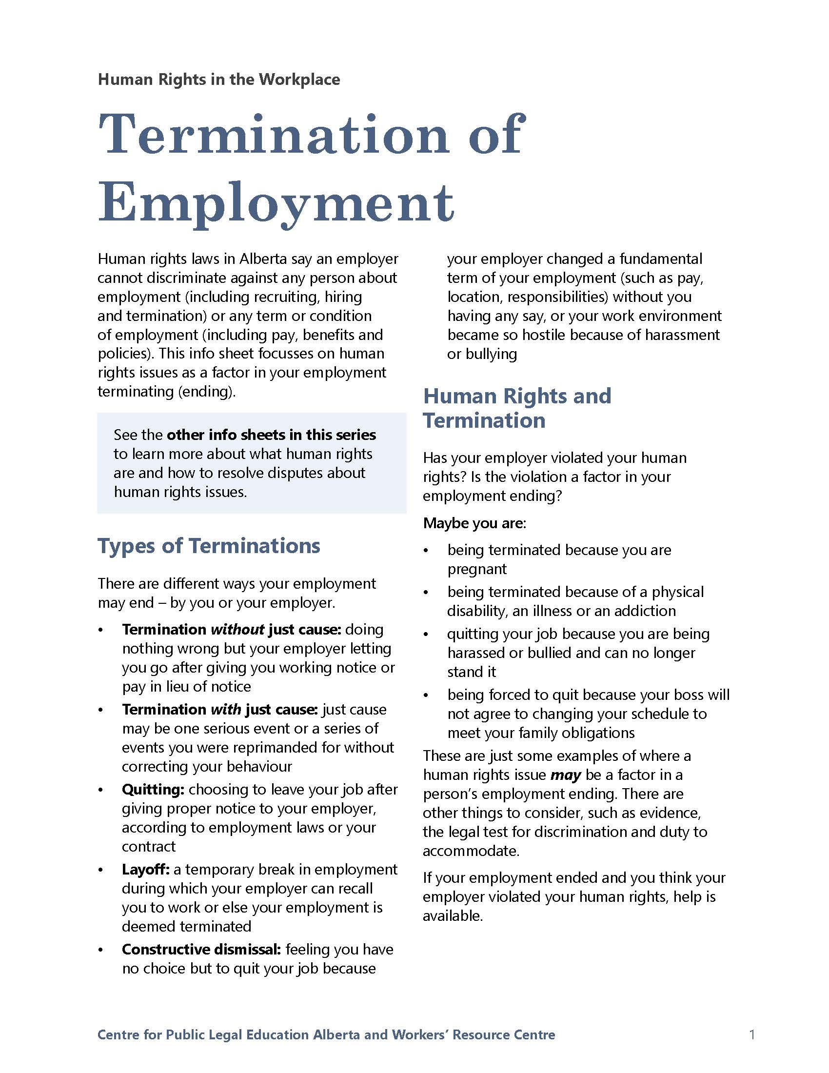 Human Rights in the Workplace: Termination of Employment - CPLEA.CA